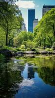 ai generiert ein heiter Bild von ein ruhig Park im das Herz von das Stadt foto