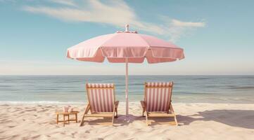 ai generiert zwei Salon Stühle auf das Strand mit ein Regenschirm, foto
