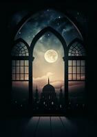 ai generiert islamisch Mond Szene mit Mond durch das Bogen, foto