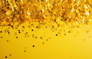 ai generiert Gold und bunt Konfetti Partikel auf ein Gelb Hintergrund, foto