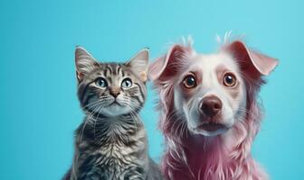 ai generiert Hunde und Katzen zusammen auf ein Blau Hintergrund, foto