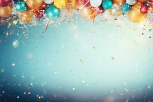 ai generiert bunt Party Hintergrund mit Konfetti, Luftballons und Bänder, foto