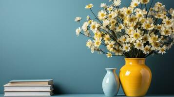 ai generiert hell Gelb Blumen im ein Vase auf ein Weiß Regal foto