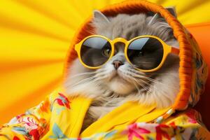 ai generiert Katze im Korb mit Sonnenbrille lesen Gelb Zeitschrift tragen Shirt, foto