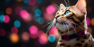 ai generiert Bengalen Tabby Katze mit Blau Augen suchen hoch, foto