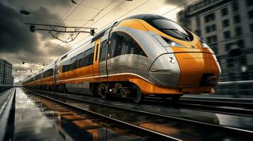 ai generiert ein Orange und Silber Zug Beschleunigen Nieder das Zug Spuren, foto