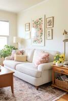 ai generiert ein Vintage-inspiriert Leben Zimmer mit ein Blumen- Sofa, ein gemustert Teppich, foto
