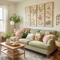 ai generiert ein Vintage-inspiriert Leben Zimmer mit ein Blumen- Sofa, ein gemustert Teppich, foto