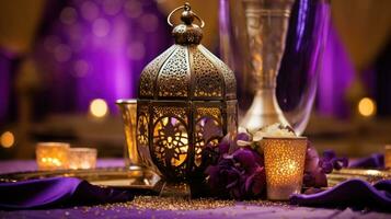 ai generiert ein Regal lila und Gold Hintergrund mit elegant Arabisch Kalligraphie foto