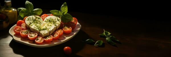 ai generiert ein Caprese Salat mit Herz geformt Mozzarella inmitten Basilikum und Tomaten mit ein Farbe planen von cremig Weiss, beschwingt Rot, und Reich Grün foto