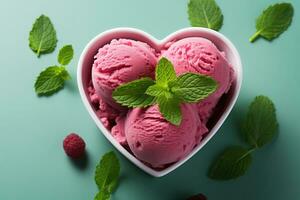 ai generiert ein Scoop im das gestalten von ein Herz gemacht von Himbeere Sorbet einstellen gegen ein Hintergrund von Minze Blatt Farbtöne, mit ein lebendig Fuchsie und hell Grün Farbe planen foto