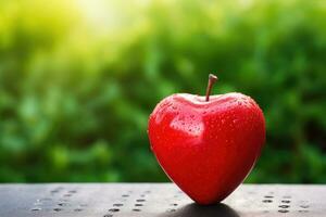 ai generiert ein glänzend rot Apfel mit ein Herz gestalten auf ein beschwingt Grün natürlich Hintergrund Farbe Palette foto