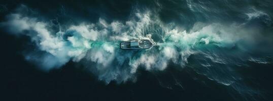 ai generiert ein Motorboot Reisen im das Ozean von ein Overhead Antenne Sicht, foto