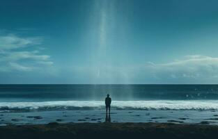 ai generiert ein Mann posieren mit Wasser fallen Über ihn, neben ein Strand, foto