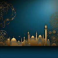 ai generiert ein verschwenderisch Blau und Gold Hintergrund mit elegant Blumen- Designs und ein atemberaubend Moschee Silhouette. foto