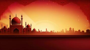 ai generiert ein luxuriös rot und Gold Hintergrund mit aufwendig Blumen- Designs und ein traditionell Moschee Silhouette foto