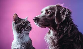 ai generiert ein Hund und Katze Stehen auf ein lila Hintergrund, foto