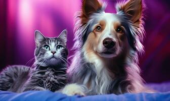 ai generiert ein Katze und Hund sind Sitzung im Vorderseite von ein lila Hintergrund, foto