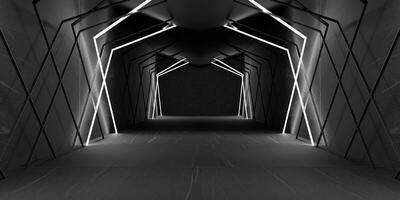 Technologie Tunnel Gang auf Raumschiff futuristisch Raum und sci fi Gang Zimmer Vitrine Beleuchtung Strahl Tunnel modern Zukunft Ausstellungsraum Fußboden und Mauer Technologie 3d Hintergrund foto