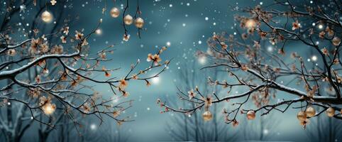 ai generiert Weihnachten Geäst und Star Beleuchtung mit Schneeflocken auf Blau Hintergrund foto