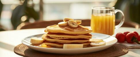 ai generiert ein Teller von Pfannkuchen und ein Tasse von Milch ist gezeigt foto