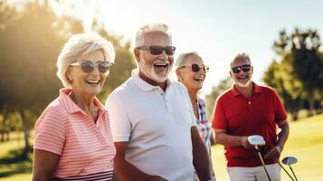 ai generiert ein Gruppe von freunde im ihr 60er Jahre und 70er Jahre abspielen ein Spiel von Golf auf ein sonnig Tag foto