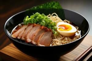 ai generiert ein sabberwürdig Bild von ein würzig Schüssel von Ramen Nudeln, gekrönt mit Scheiben von zärtlich Schweinefleisch foto