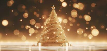 ai generiert ein Weihnachten Baum und Gold Bälle auf ein hölzern Tabelle foto