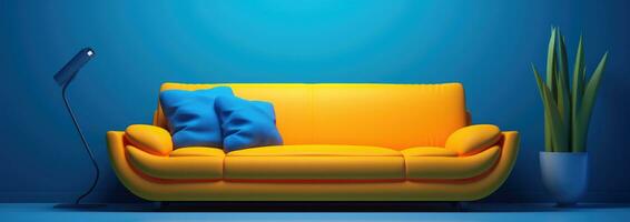 ai generiert ein Blau Couch mit Gelb Kissen auf es foto