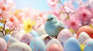 ai generiert verschiedene bunt Ostern Eier und Blumen um das Vogel foto