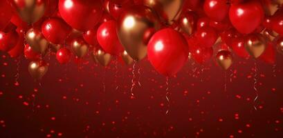 ai generiert rot funkeln Luftballons schwebend Über ein rot Hintergrund foto