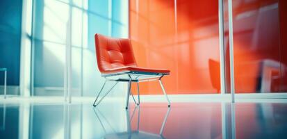 ai generiert im ein Büro mit bunt Wände, ein hell Orange Stuhl Lügen gegen Glas foto