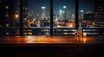ai generiert ein leeren hölzern Bar Tabelle im Stadt beim Nacht foto