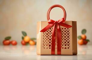 ai generiert ein Korb von Geschenke und rot Tasche mit Granatapfel foto