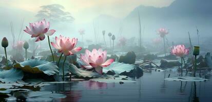 ai generiert ein Gemälde von Lotus Pflanzen und das Wasser, foto