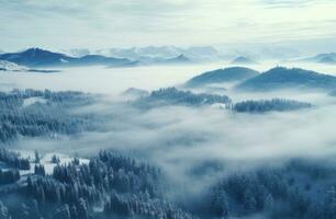 ai generiert Antenne Aussicht von ein Winter Szene einschließlich Winter Bäume foto