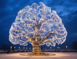 ai generiert ein Baum dekoriert mit Beleuchtung mit Blau Himmel und sternenklar Beleuchtung foto