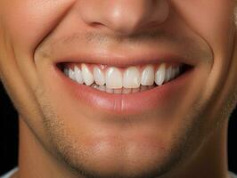ai generiert ein Mann lächelnd mit seine Zähne Gut getrimmt foto