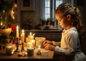 ai generiert Familie von ein jung Mädchen im ihr Küche Beleuchtung Kerzen beim Weihnachten Abendessen foto