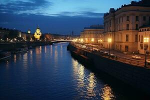 ai generiert Fluss im Nacht im groß Stadt foto