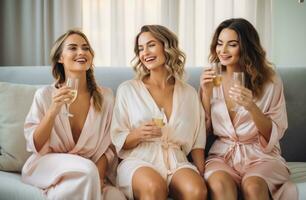 ai generiert drei Frau gekleidet im Roben Sitzung Nächster zu jeder andere und halten Champagner Brille foto