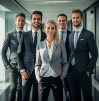 ai generiert lächelnd Geschäft Mannschaft posieren im das Büro foto