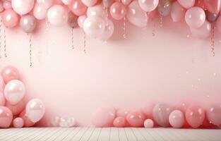 ai generiert Rosa und Gold Luftballons, Stroh Strohhalme und Herzen foto