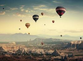 ai generiert Menschen sind fliegend heiß Luft Luftballons Über Berge foto