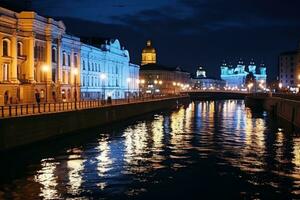 ai generiert Fluss im Nacht im groß Stadt foto