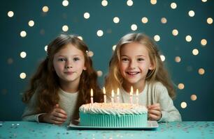 ai generiert Mädchen feiern Geburtstag auf Tabelle mit Kuchen und Kerzen zum Kinder foto
