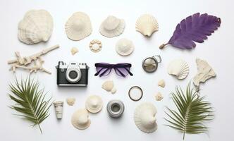 ai generiert Strand und Meer Ferien mit Jahrgang Kamera, Sonnenbrille und Muscheln auf Weiß foto