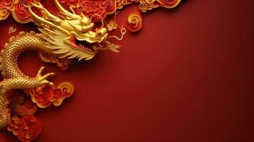 ai generiert Chinesisch Urlaub Hintergrund mit Drachen, dunkel rot und Gold, groß Copyspace Bereich foto