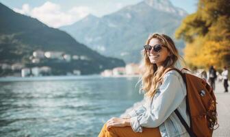 ai generiert ein Frau Sitzung auf das Ufer von See como halten ihr Rucksack während lächelnd foto