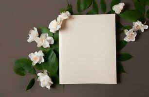ai generiert ein Weiß leer Buch umgeben durch Grün Blätter foto